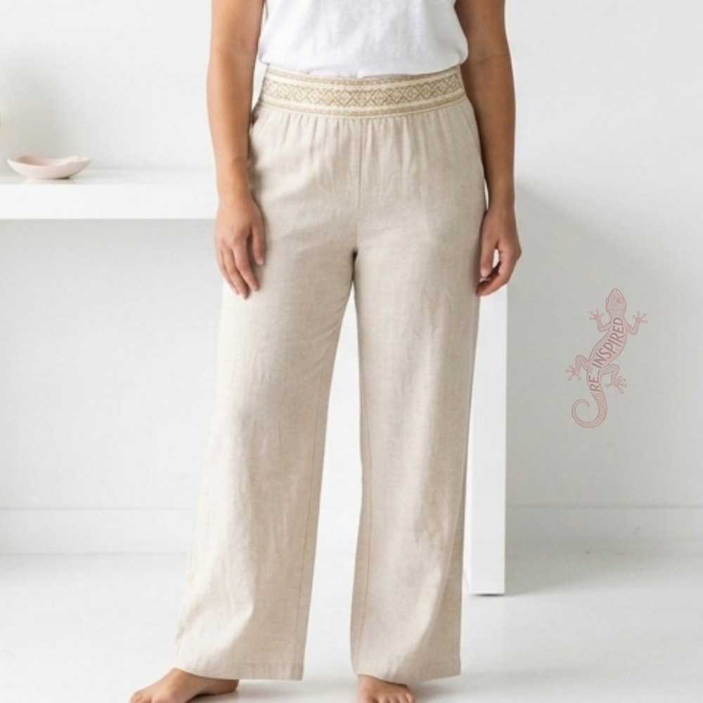 JM Collection Womens PL Petite Large Beige Gold Smocked‎ Wide Leg Gauze Pants